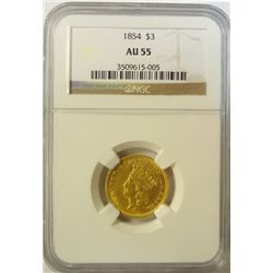 1854 $3  Gold  NGC AU  55