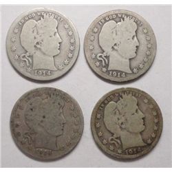 4  1914S  Barber quarters  borderline good