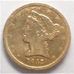1842O  $5 gold  VF somewhat rough surface