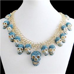 Blue Swarovski Crystal and Gold Tone Skull Pendant Neck