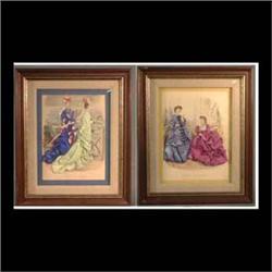 Three framed French fashion prints. Original prints are clothed in  material representative of the f