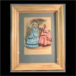 Two framed French fashion prints. Original prints are clothed in  material representative of the fas