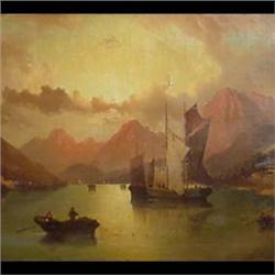 Oil on canvas. Mountain and lake scene wuth fishing boats.      19th century European School. Framed