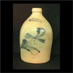 O.L. and A.K. Ballard stoneware jug with cobalt floral decoration.  Burlington, Vermont. There is a