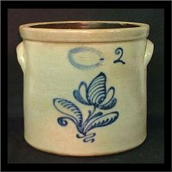 J. Burger Jr. stoneware crock. Cobalt blue floral decoration on the  front. Rochester, New York. $20