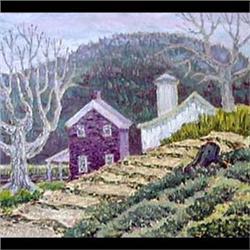 Oil on board. Fall landscape with red house. 1954, noted verso  Vincent R. Smith, January 8, 1954.