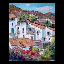 Oil on board. Village scene with houses and flowers. Signed Geo. G.  Adomeit, lower right. George Ad