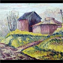 Oil on board. Landscape with house and cross. 1953, inscribed  Vincent R. Smith, November 9, 1953 ve