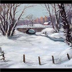 Oil on board. Winter landscape with bridge. Signed R. Grathwol,  lower right. Ray Grathwol. 16 1/4"