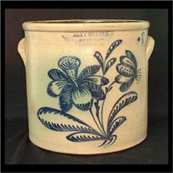 John Burger three-gallon stoneware crock. Bold blue floral  decoration. Rochester, New York.  10 1/4
