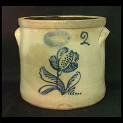 J. Burger Jr. two-gallon stoneware crock. Single cobalt blue flower  decoration on the front. Note s