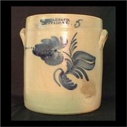 P. Mugler and Co. five-gallon stoneware crock with a large cobalt  blue flower on front. Buffalo, Ne