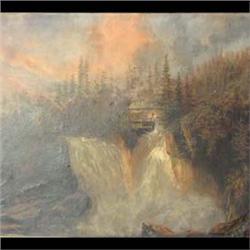 Eva W. Johns, mountainous landscape with waterfall and house. Oil  on canvas, signed and dated lower