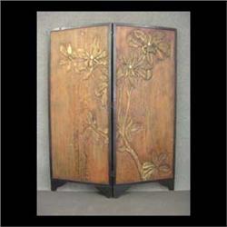 Two part pine folding screen with carved magnolia motif and inset  stamens and buds. 66 3/4"h x 53"w