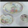 Image 1 : Group of hand-painted china: three-footed bowl, four 6" plates, an  18" platter, and two trays. $200