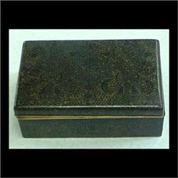Cloisonne box. Stylized floral on solid black wood lining. Lid  slightly off center. 3 1/4" h X 5 1/