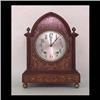 Image 1 : German mantel clock. Mahogany with inlaid decoration. Note minor  veneer damage to back side. 13"h x