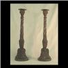 Image 1 : Pair of carved oak candlesticks. Carved with oak leaves, acorns,  and twigs with brass inset candleh