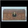 Image 1 : Leather storage trunk with decorative brass buttons and leather  strips. Inside is lined with 1830 A