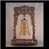 Image 1 : Ornate brass Oriental bell supported by an ornate pierce carved  wood frame. Bell 11"h x 7 1/2"d Fra