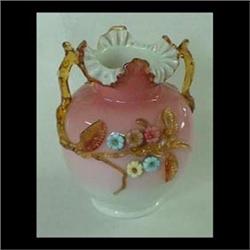 Stevens and Williams vase. White shading to pink background.  Applied amber handles, rim, and leaves