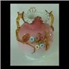 Image 1 : Stevens and Williams vase. White shading to pink background.  Applied amber handles, rim, and leaves