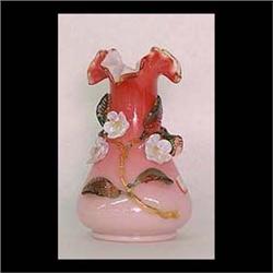 Stevens and Williams art glass vase. Pink shading to white  background. Applied amber rim, leaves, a