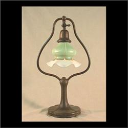 Handel harp desk lamp base with green pulled feather shade. Shade  is unsigned. Note chips to shade