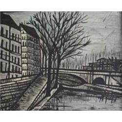 Oil on canvas. Landscape with tree and bridge. In the style of  Bernard Buffet. 20th century America