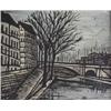 Image 1 : Oil on canvas. Landscape with tree and bridge. In the style of  Bernard Buffet. 20th century America