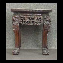 Carved Oriental plant stand, scalloped top with white marble  inset.  15" h x 14 1/2" d $150-200