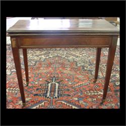 Hepplewhite card table. Mahogany with brass inlay and molding.  Secondary wood is oak. Note top is s