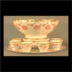 Limoges "Drop Rose" punch bowl on pedestal base with large tray and  ten cups signed T&V Limoges. No