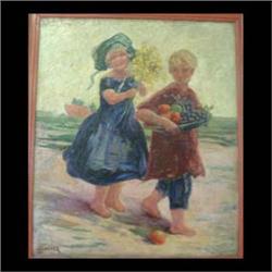 Oil on canvas. Two children with fruit and flowers. 20th century  American School. Signed and dated,