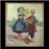Image 1 : Oil on canvas. Two children with fruit and flowers. 20th century  American School. Signed and dated,