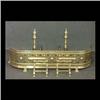 Image 1 : Five piece group of brass fireplace items. Pair of andirons 19  1/2"h x 19"d. Fender 11"h x 45"w x 1