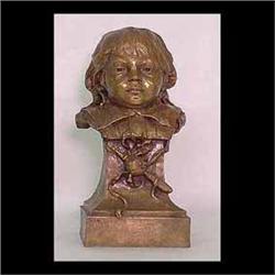 Bronze bust of child signed E. Dudovil [spelling ?] 87. Note patina  is a golden shade. 16 1/2"h x 8