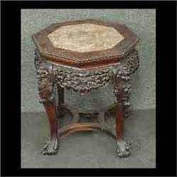 Carved Oriental plant stand, octagonal top with pink marble inset. 18" h x 16" d $150-200