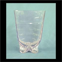 Tiffin Wisteria color vase with curled-under feet. 9" h X 6 5/8" w X 3 7/8" d $100-200