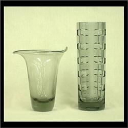 Kosta smoke colored vase with faceted sides and an unsigned smoke  colored Lindstrand Kosta vase wit