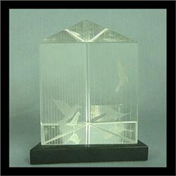 Kosta, V. Lindstrand. Three sided glass sculpture engraved with  birds. Note chips to edge of separa
