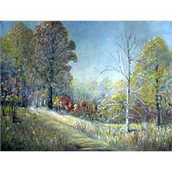 Oil on panel board. Landscape, late fall to early winter. Signed  illegibly, lower left. Effie Cook.