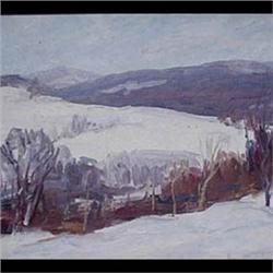 Oil on canvasboard. Winter landscape. 20th century American School.  Framed. 11" X 16" $100-200