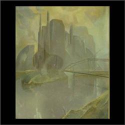 Pastel on paper. Industrial Scene. Signed Stevens, lower right.  Matted and framed. 21 3/8" X 17 1/2