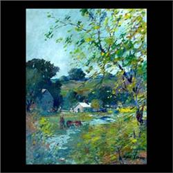 Oil on panel. Burr Oak, Michigan. Titled, dated 1960, and signed  Erwin O. Lauffer, lower right. Arc