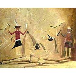 Oil on board. Two figures and a bird. Signed illegibly, lower  right. South American School. Framed.