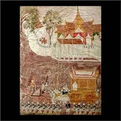 Eastern oil on fabric. Deities and animals. Early 20th century  Eastern Indian. Framed. 35" X 24" $2