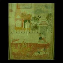 ? on fabric (possibly silk). Street scene with palace. Indian.  Framed. 35" X 25"