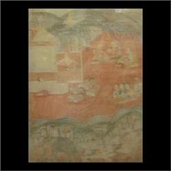 Oil on fabric. Deities and prayers. Early 20th century Eastern  Indian. Framed. 35" X 24 1/2" $200-3