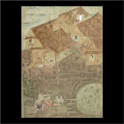 Oil on fabric. Village scene with houses and people. Early 20th  century Eastern Indian. Framed. 35"